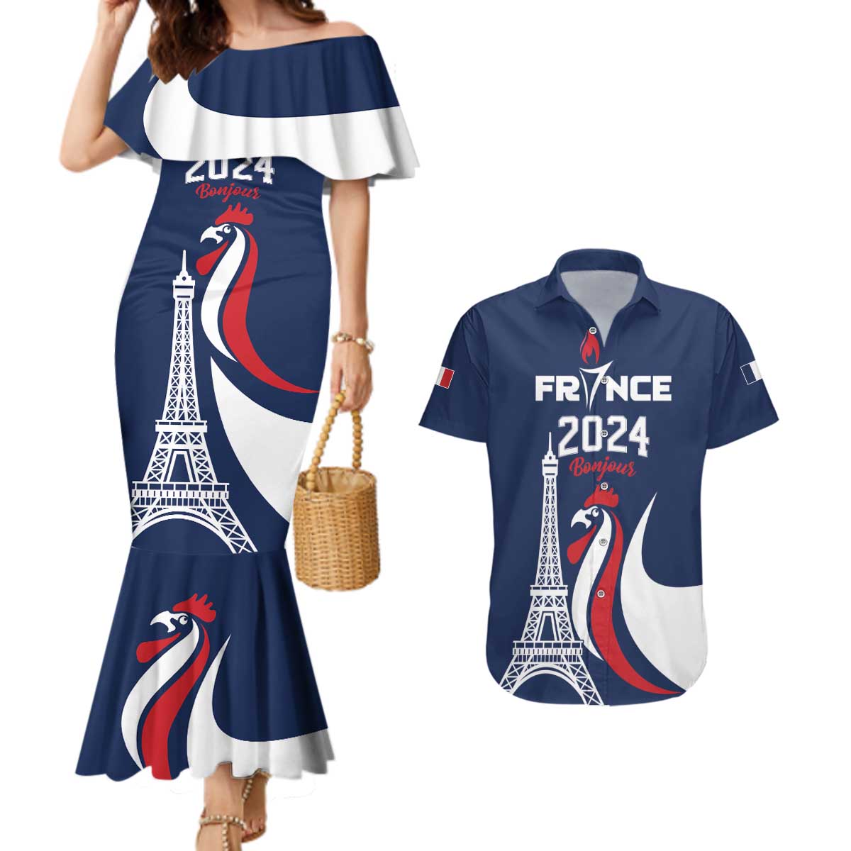 Personalized France 2024 Bonjour Couples Matching Mermaid Dress and Hawaiian Shirt Eiffel Tower Gallic Rooster - Wonder Print Shop