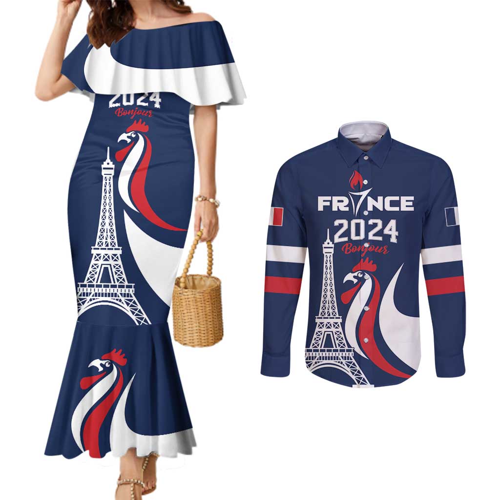 Personalized France 2024 Bonjour Couples Matching Mermaid Dress and Long Sleeve Button Shirt Eiffel Tower Gallic Rooster