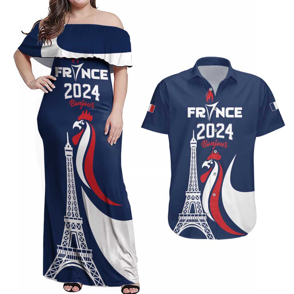 Personalized France 2024 Bonjour Couples Matching Off Shoulder Maxi Dress and Hawaiian Shirt Eiffel Tower Gallic Rooster - Wonder Print Shop