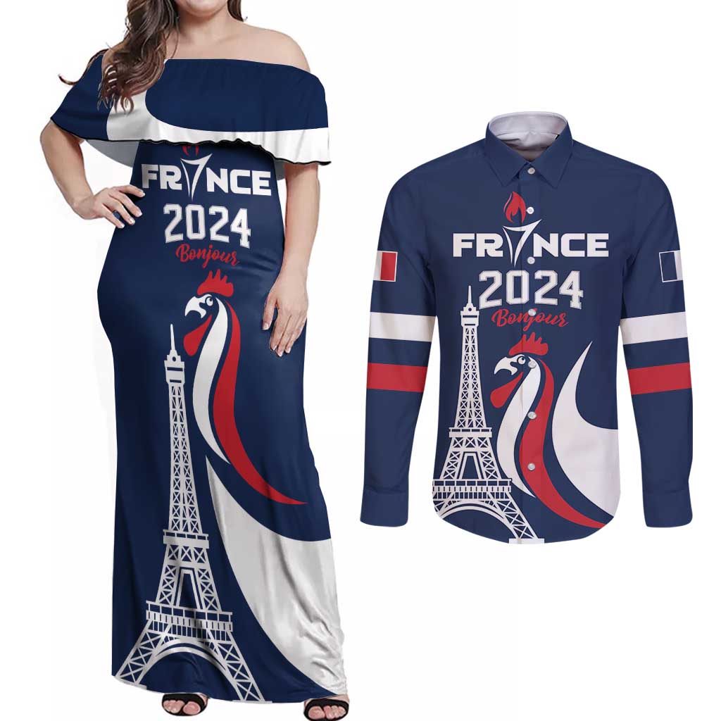 Personalized France 2024 Bonjour Couples Matching Off Shoulder Maxi Dress and Long Sleeve Button Shirt Eiffel Tower Gallic Rooster - Wonder Print Shop