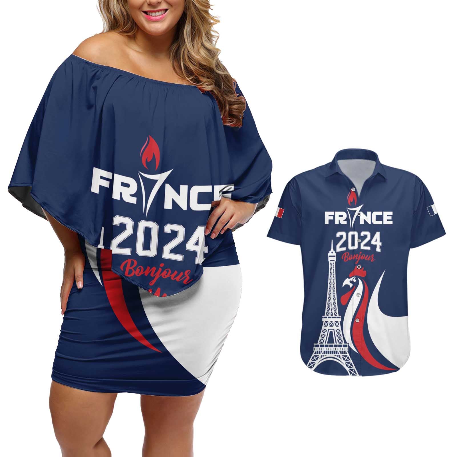 Personalized France 2024 Bonjour Couples Matching Off Shoulder Short Dress and Hawaiian Shirt Eiffel Tower Gallic Rooster - Wonder Print Shop