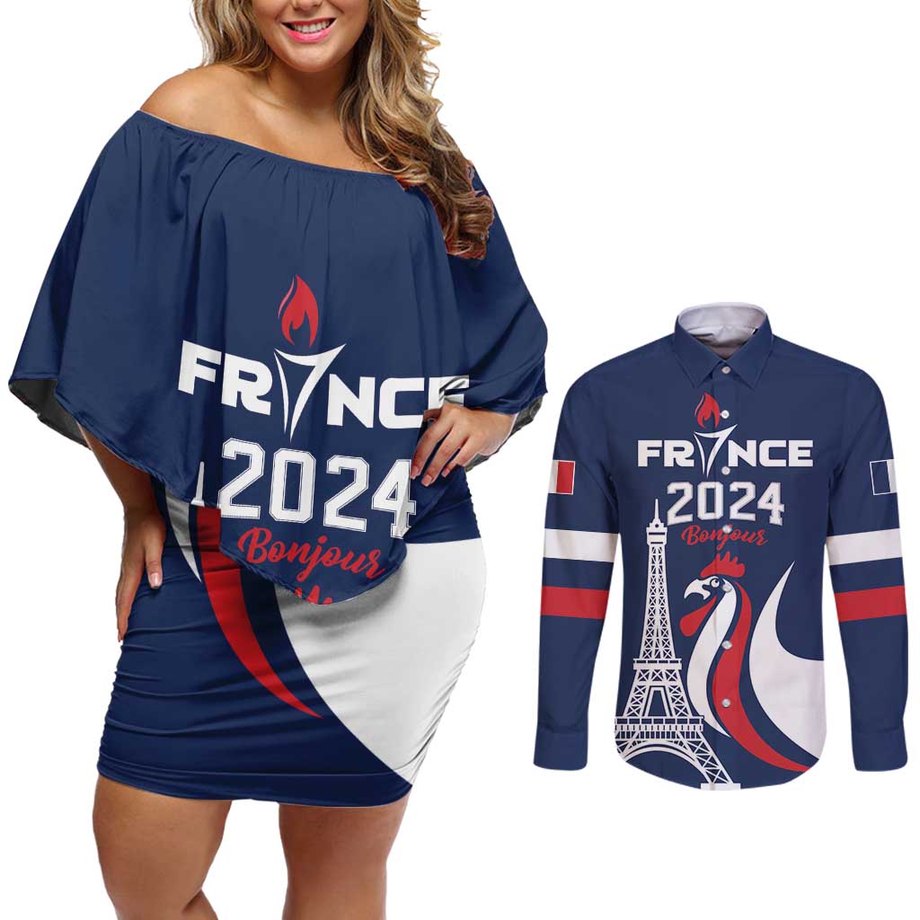 Personalized France 2024 Bonjour Couples Matching Off Shoulder Short Dress and Long Sleeve Button Shirt Eiffel Tower Gallic Rooster - Wonder Print Shop