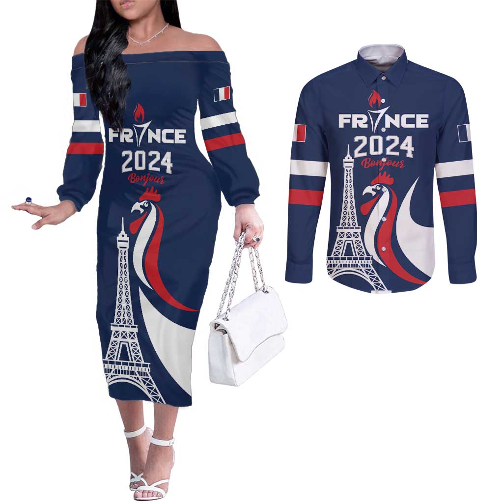 Personalized France 2024 Bonjour Couples Matching Off The Shoulder Long Sleeve Dress and Long Sleeve Button Shirt Eiffel Tower Gallic Rooster