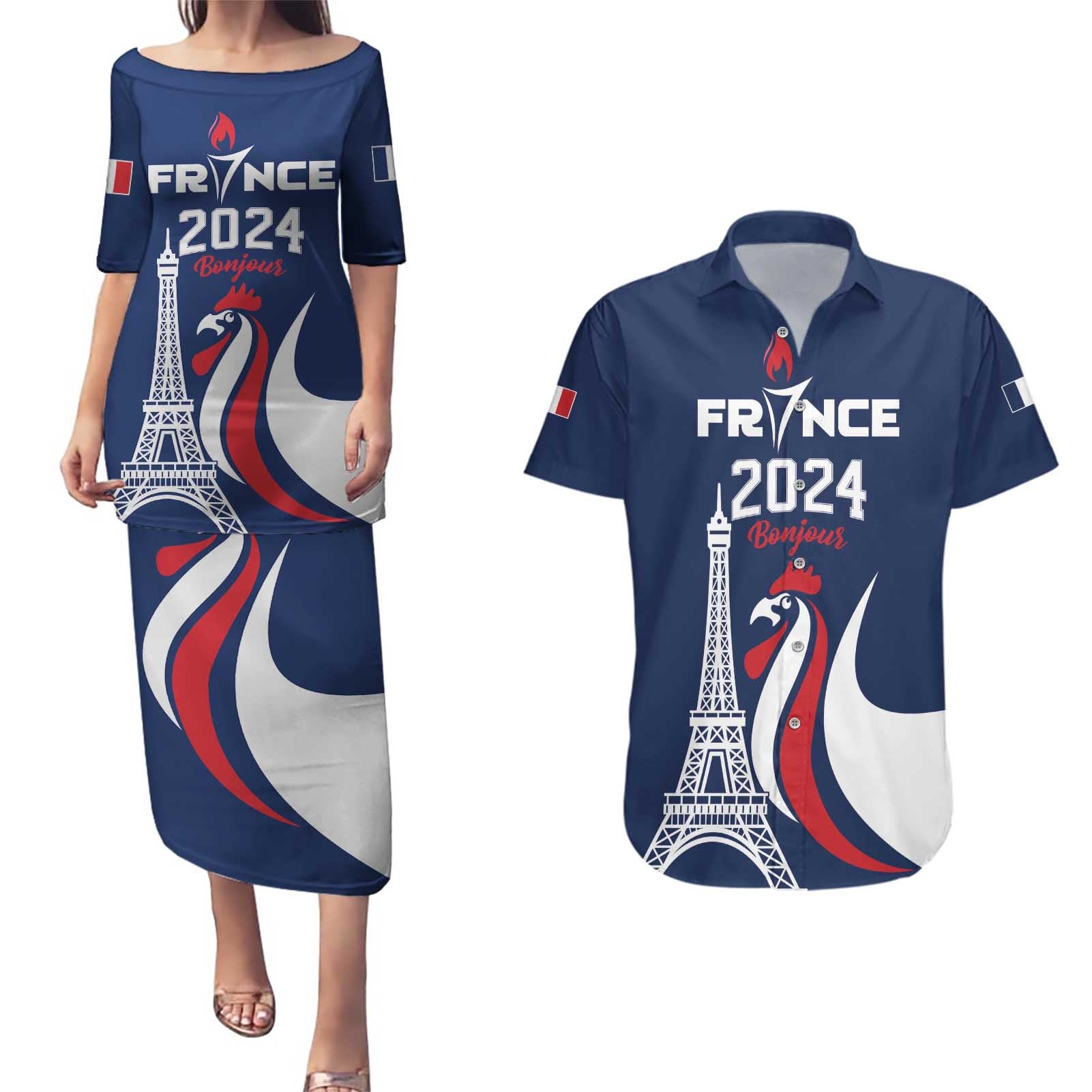 Personalized France 2024 Bonjour Couples Matching Puletasi and Hawaiian Shirt Eiffel Tower Gallic Rooster - Wonder Print Shop