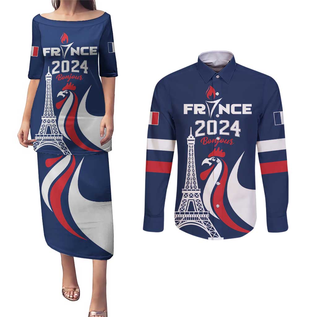 Personalized France 2024 Bonjour Couples Matching Puletasi and Long Sleeve Button Shirt Eiffel Tower Gallic Rooster - Wonder Print Shop