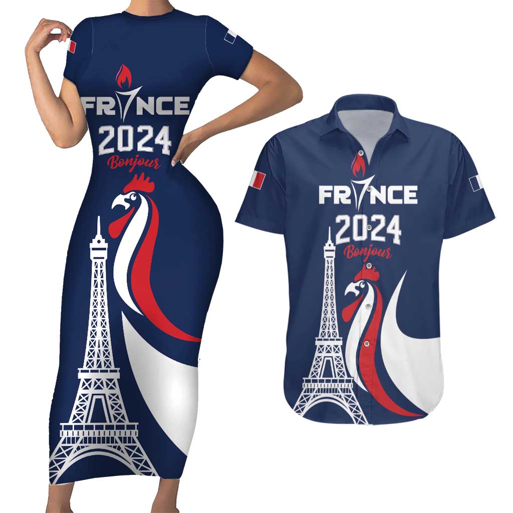 Personalized France 2024 Bonjour Couples Matching Short Sleeve Bodycon Dress and Hawaiian Shirt Eiffel Tower Gallic Rooster - Wonder Print Shop