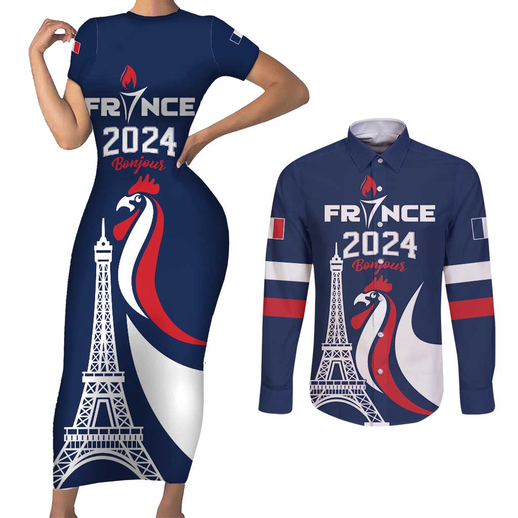 Personalized France 2024 Bonjour Couples Matching Short Sleeve Bodycon Dress and Long Sleeve Button Shirt Eiffel Tower Gallic Rooster - Wonder Print Shop