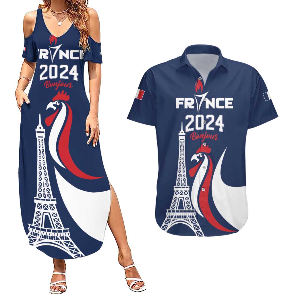 Personalized France 2024 Bonjour Couples Matching Summer Maxi Dress and Hawaiian Shirt Eiffel Tower Gallic Rooster - Wonder Print Shop