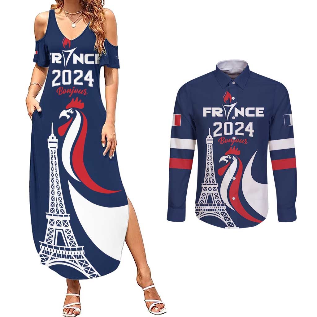 Personalized France 2024 Bonjour Couples Matching Summer Maxi Dress and Long Sleeve Button Shirt Eiffel Tower Gallic Rooster - Wonder Print Shop