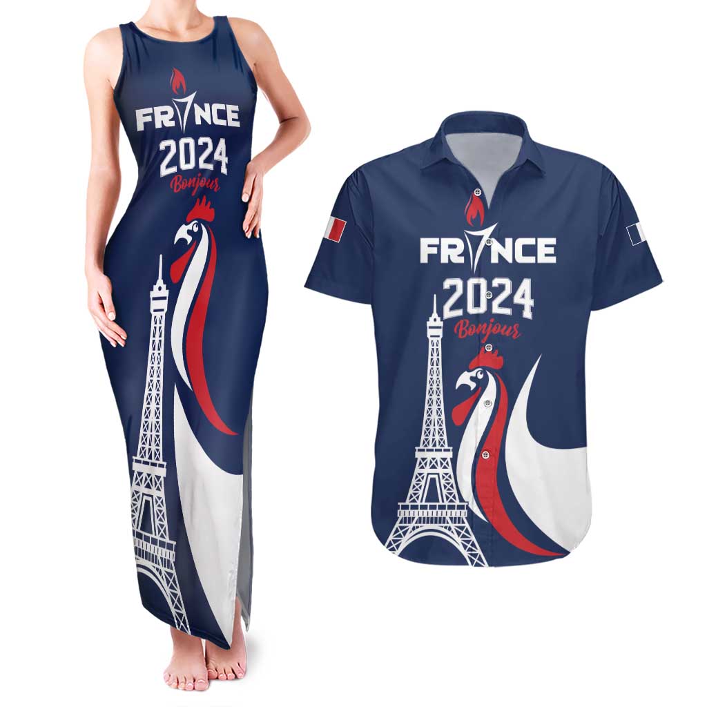 Personalized France 2024 Bonjour Couples Matching Tank Maxi Dress and Hawaiian Shirt Eiffel Tower Gallic Rooster - Wonder Print Shop