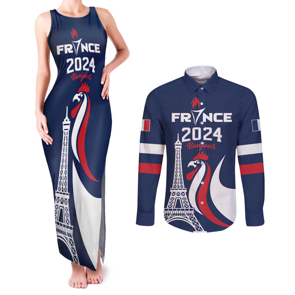 Personalized France 2024 Bonjour Couples Matching Tank Maxi Dress and Long Sleeve Button Shirt Eiffel Tower Gallic Rooster - Wonder Print Shop