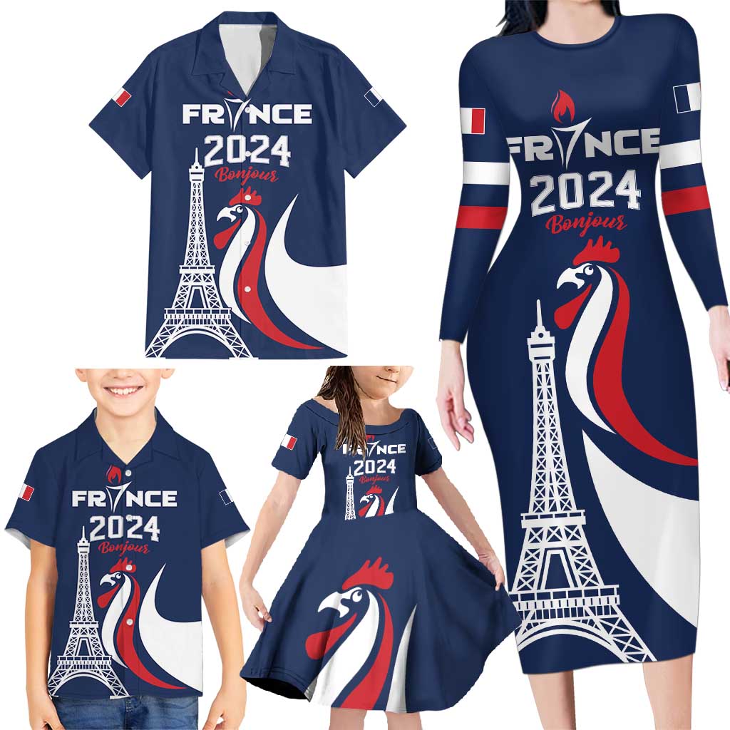 Personalized France 2024 Bonjour Family Matching Long Sleeve Bodycon Dress and Hawaiian Shirt Eiffel Tower Gallic Rooster - Wonder Print Shop