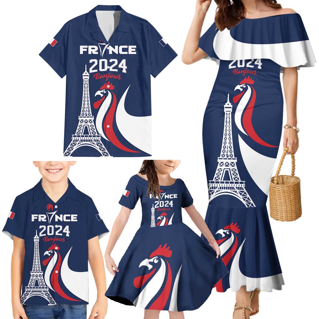 Personalized France 2024 Bonjour Family Matching Mermaid Dress and Hawaiian Shirt Eiffel Tower Gallic Rooster - Wonder Print Shop