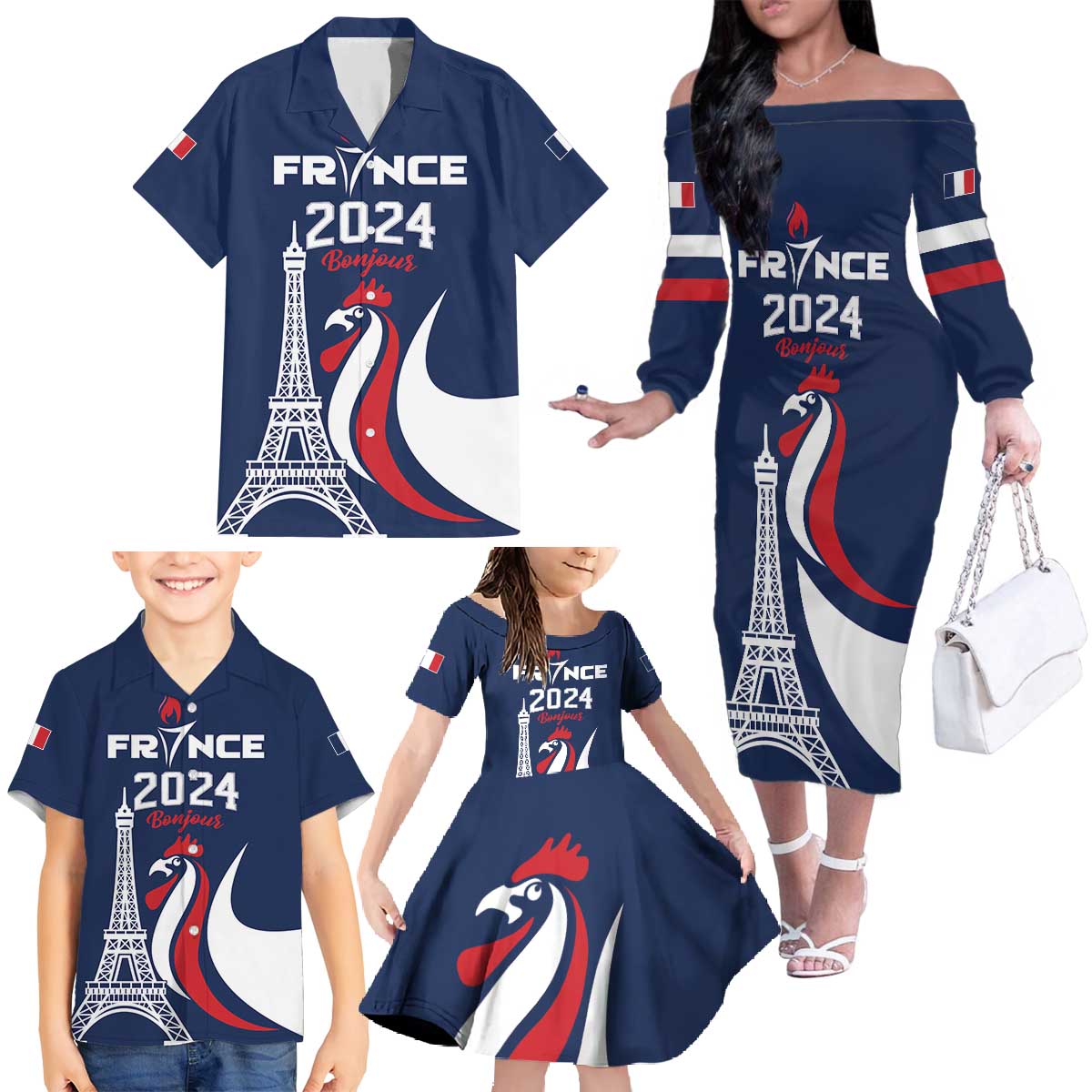 Personalized France 2024 Bonjour Family Matching Off The Shoulder Long Sleeve Dress and Hawaiian Shirt Eiffel Tower Gallic Rooster - Wonder Print Shop