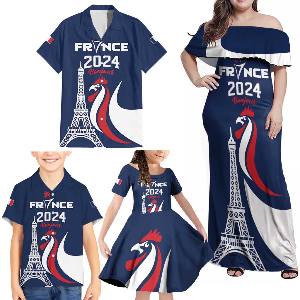 Personalized France 2024 Bonjour Family Matching Off Shoulder Maxi Dress and Hawaiian Shirt Eiffel Tower Gallic Rooster - Wonder Print Shop