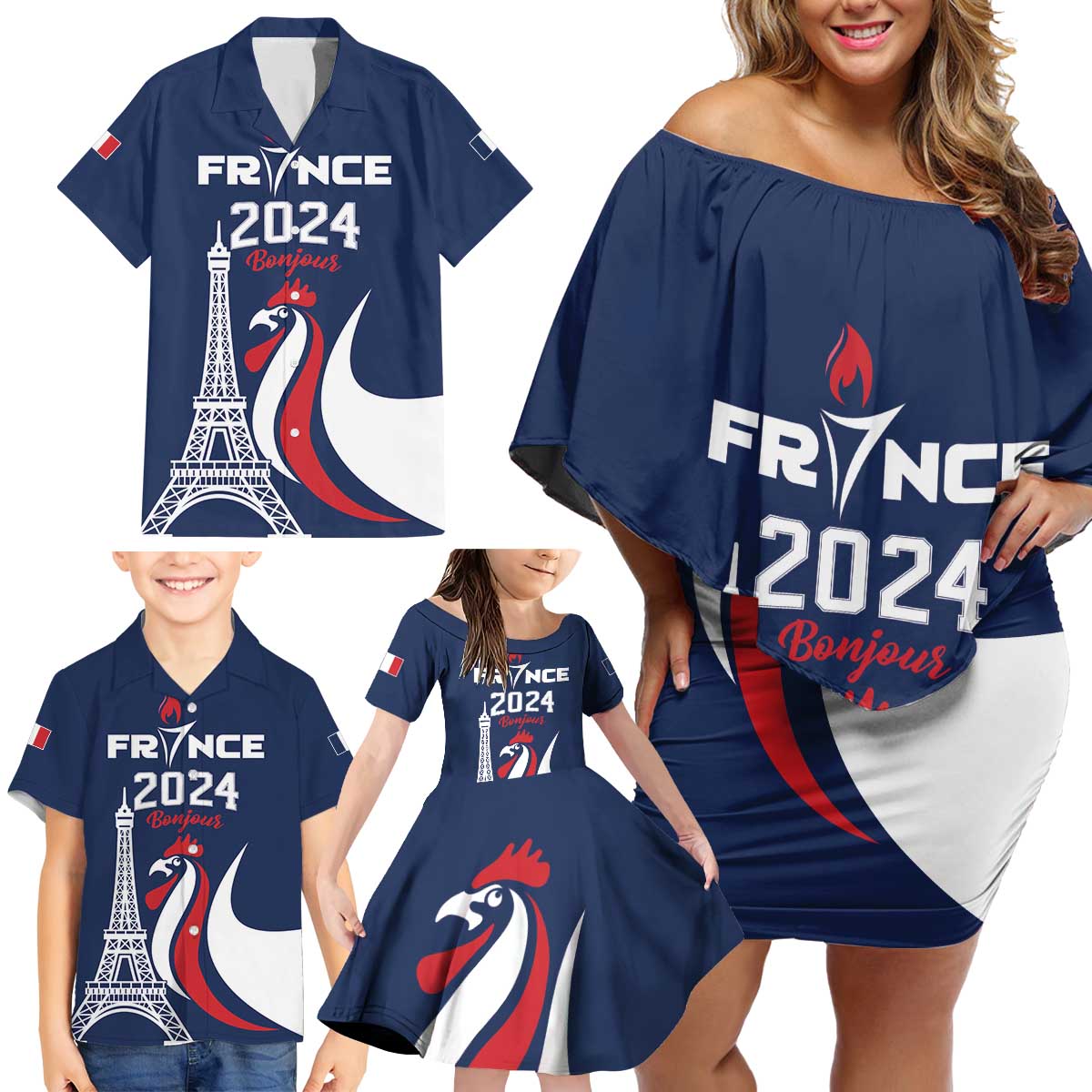 Personalized France 2024 Bonjour Family Matching Off Shoulder Short Dress and Hawaiian Shirt Eiffel Tower Gallic Rooster - Wonder Print Shop