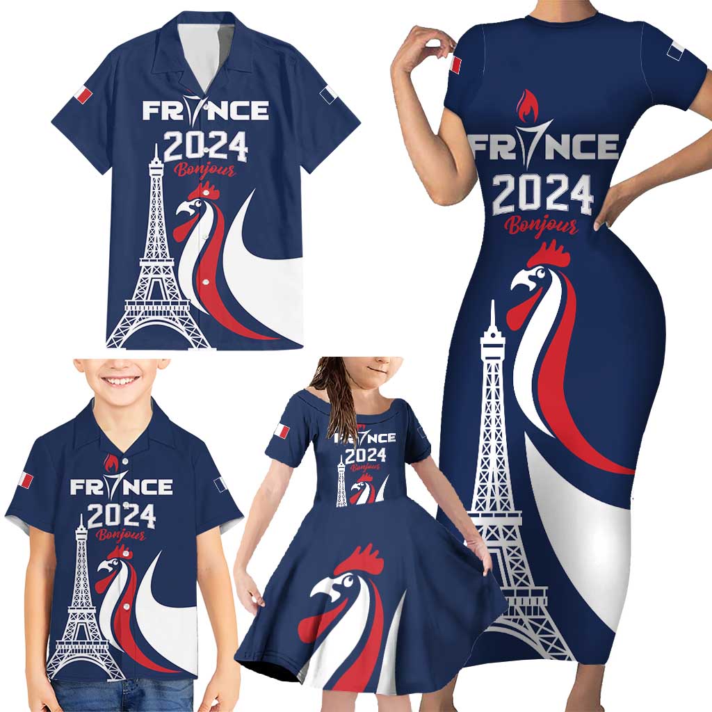 Personalized France 2024 Bonjour Family Matching Short Sleeve Bodycon Dress and Hawaiian Shirt Eiffel Tower Gallic Rooster - Wonder Print Shop