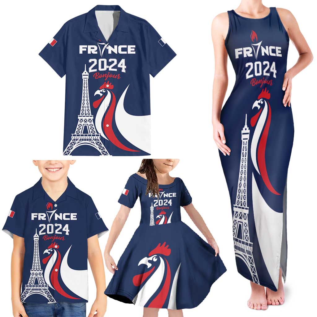 Personalized France 2024 Bonjour Family Matching Tank Maxi Dress and Hawaiian Shirt Eiffel Tower Gallic Rooster - Wonder Print Shop