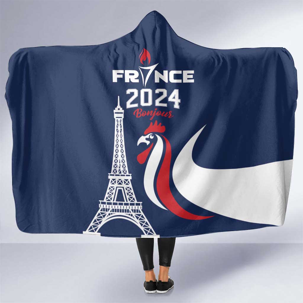 France 2024 Bonjour Hooded Blanket Eiffel Tower Gallic Rooster