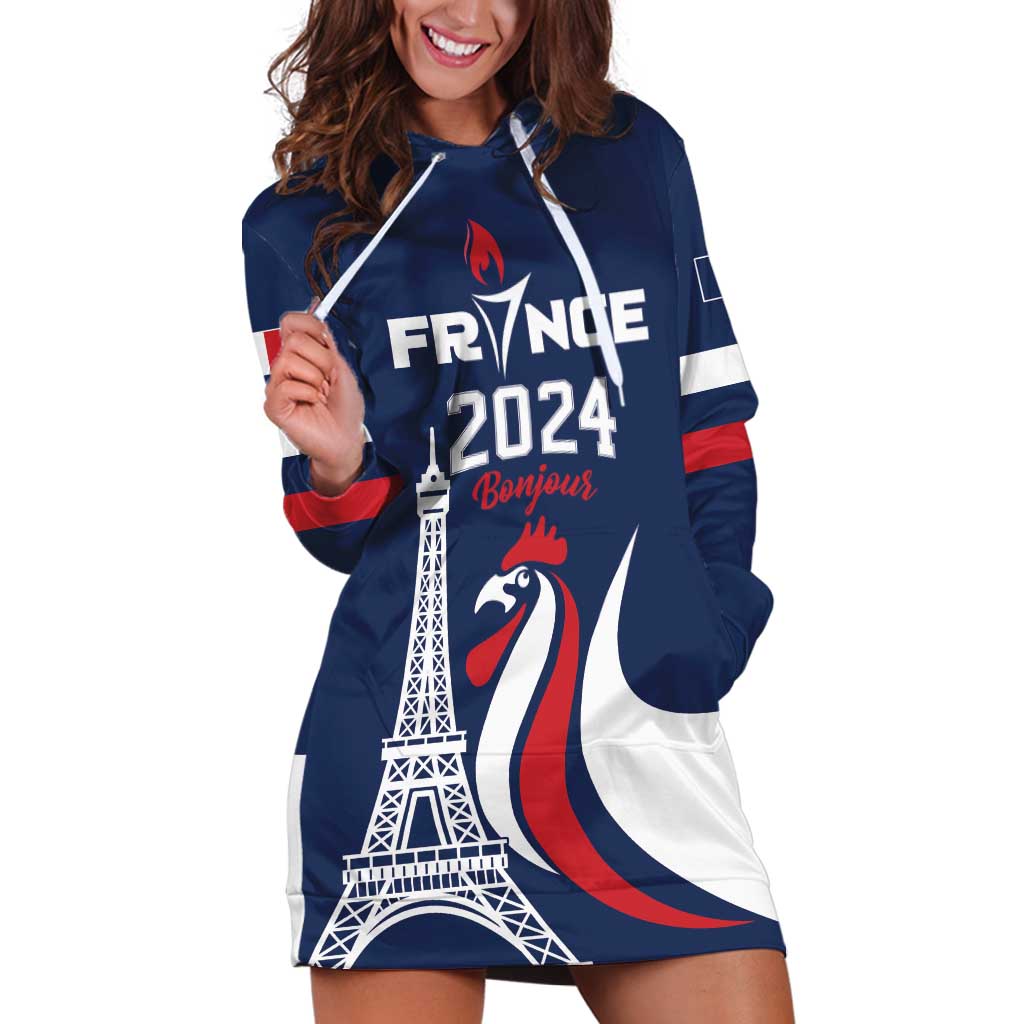 Personalized France 2024 Bonjour Hoodie Dress Eiffel Tower Gallic Rooster - Wonder Print Shop