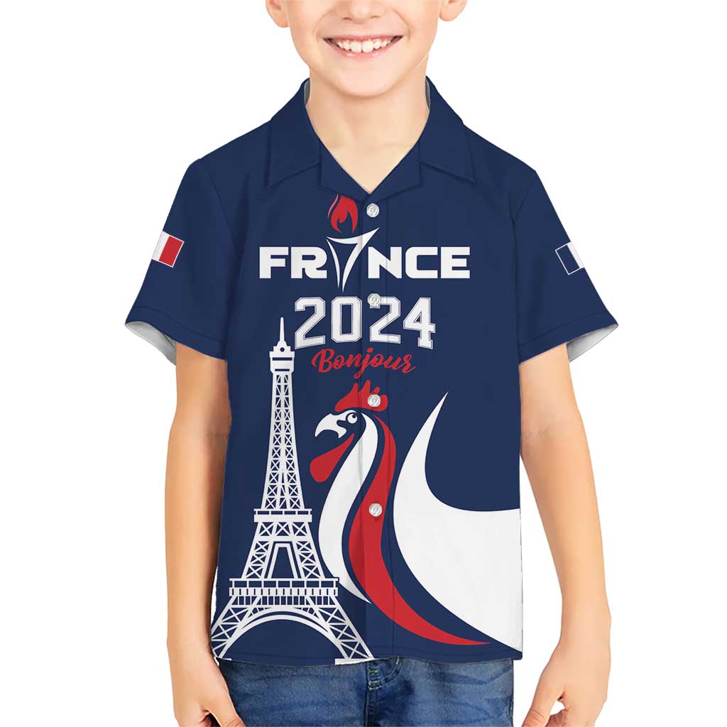 Personalized France 2024 Bonjour Kid Hawaiian Shirt Eiffel Tower Gallic Rooster - Wonder Print Shop