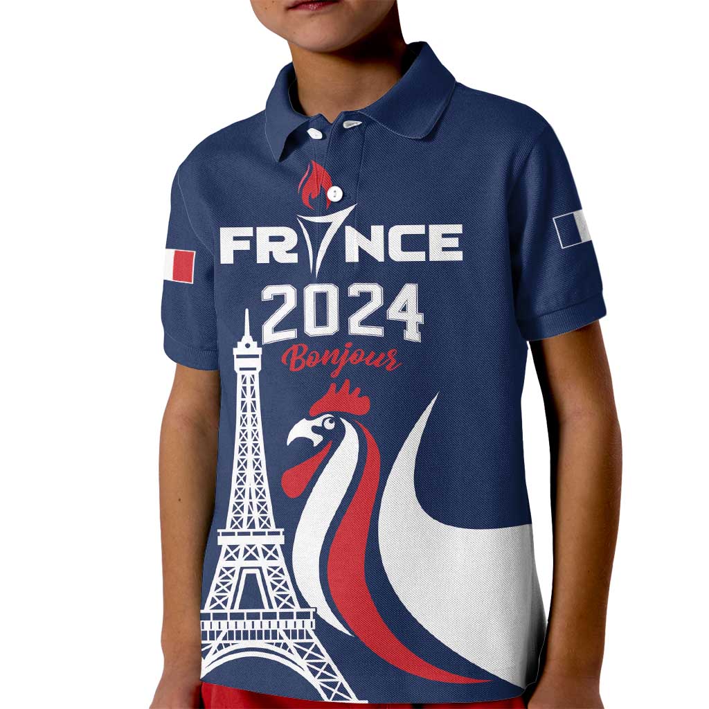 Personalized France 2024 Bonjour Kid Polo Shirt Eiffel Tower Gallic Rooster - Wonder Print Shop