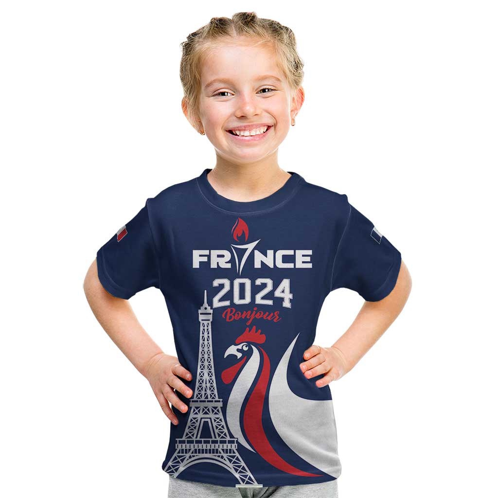 Personalized France 2024 Bonjour Kid T Shirt Eiffel Tower Gallic Rooster - Wonder Print Shop