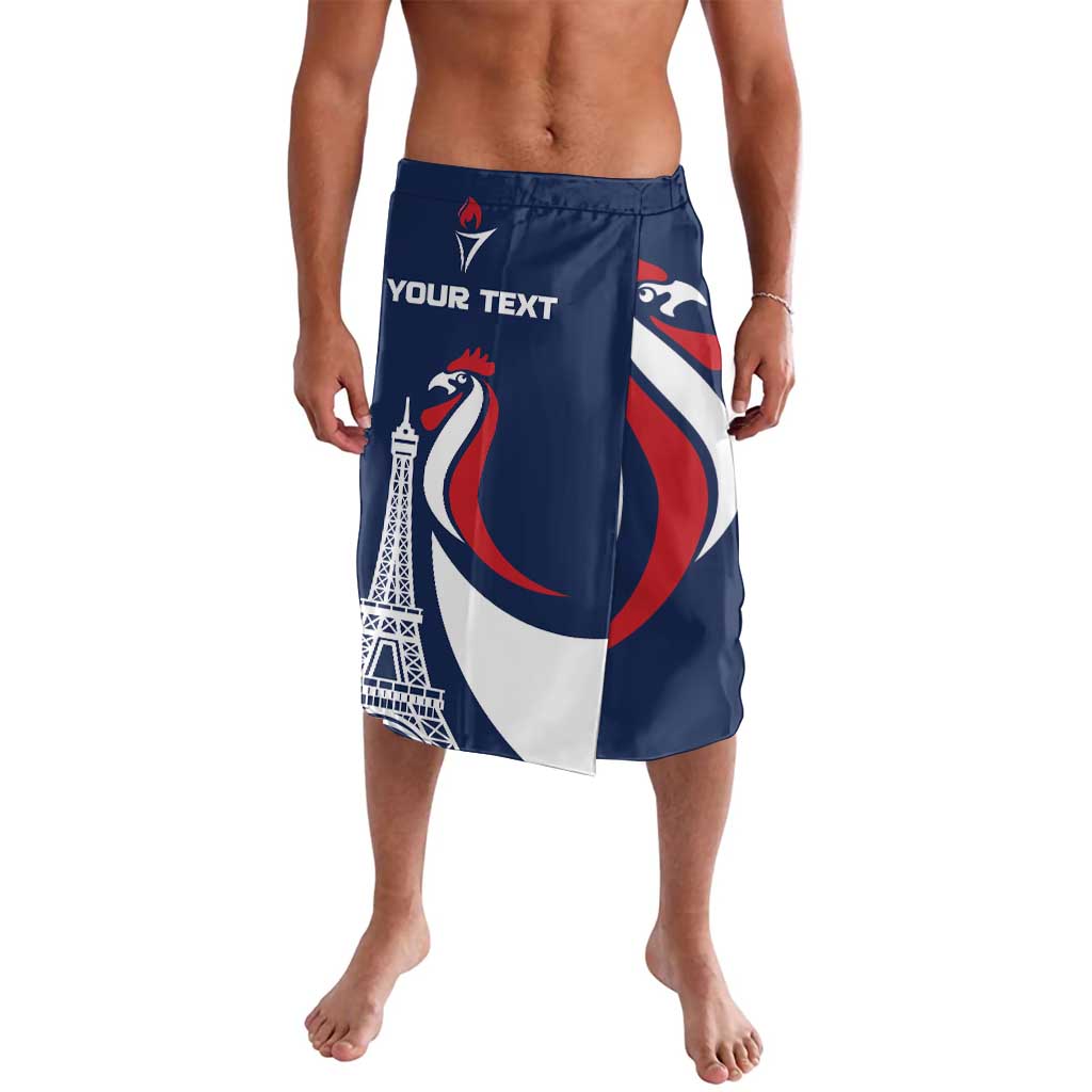 Blue board shorts with rooster, Eiffel Tower graphic, and YOUR TEXT area
