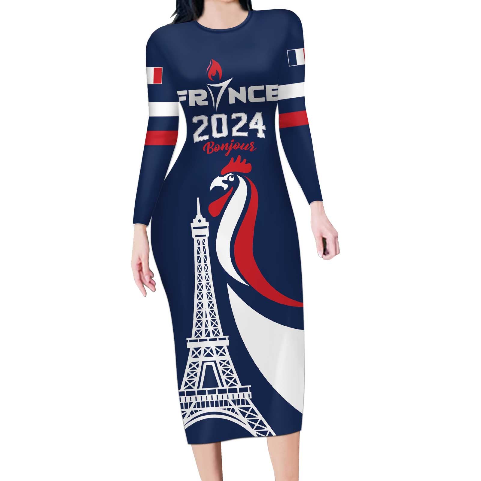 Personalized France 2024 Bonjour Long Sleeve Bodycon Dress Eiffel Tower Gallic Rooster - Wonder Print Shop