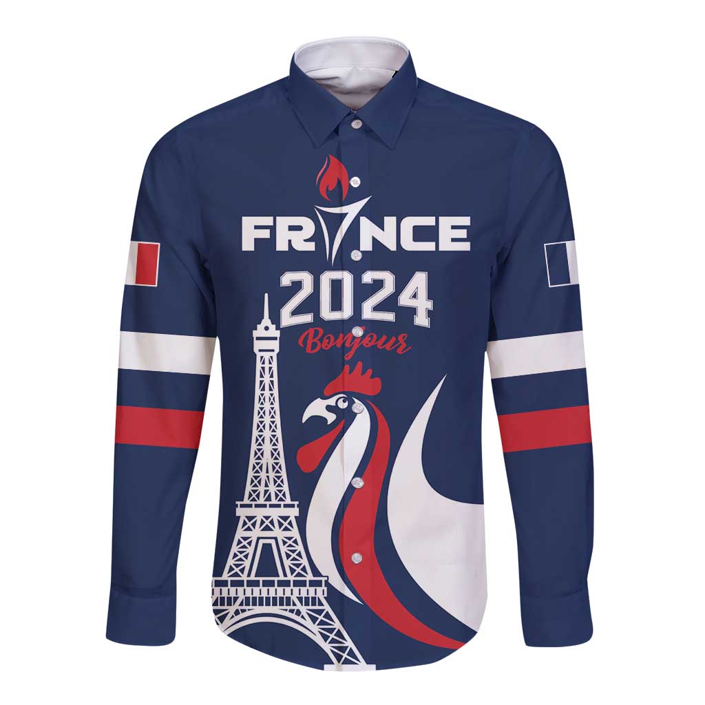 Personalized France 2024 Bonjour Long Sleeve Button Shirt Eiffel Tower Gallic Rooster - Wonder Print Shop