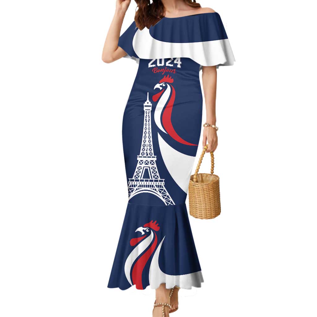 Personalized France 2024 Bonjour Mermaid Dress Eiffel Tower Gallic Rooster - Wonder Print Shop