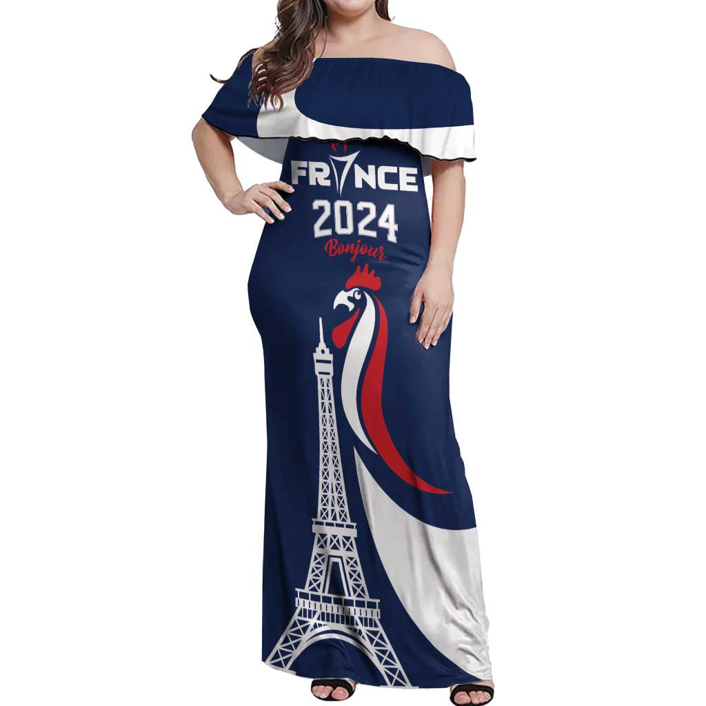 Personalized France 2024 Bonjour Off Shoulder Maxi Dress Eiffel Tower Gallic Rooster - Wonder Print Shop