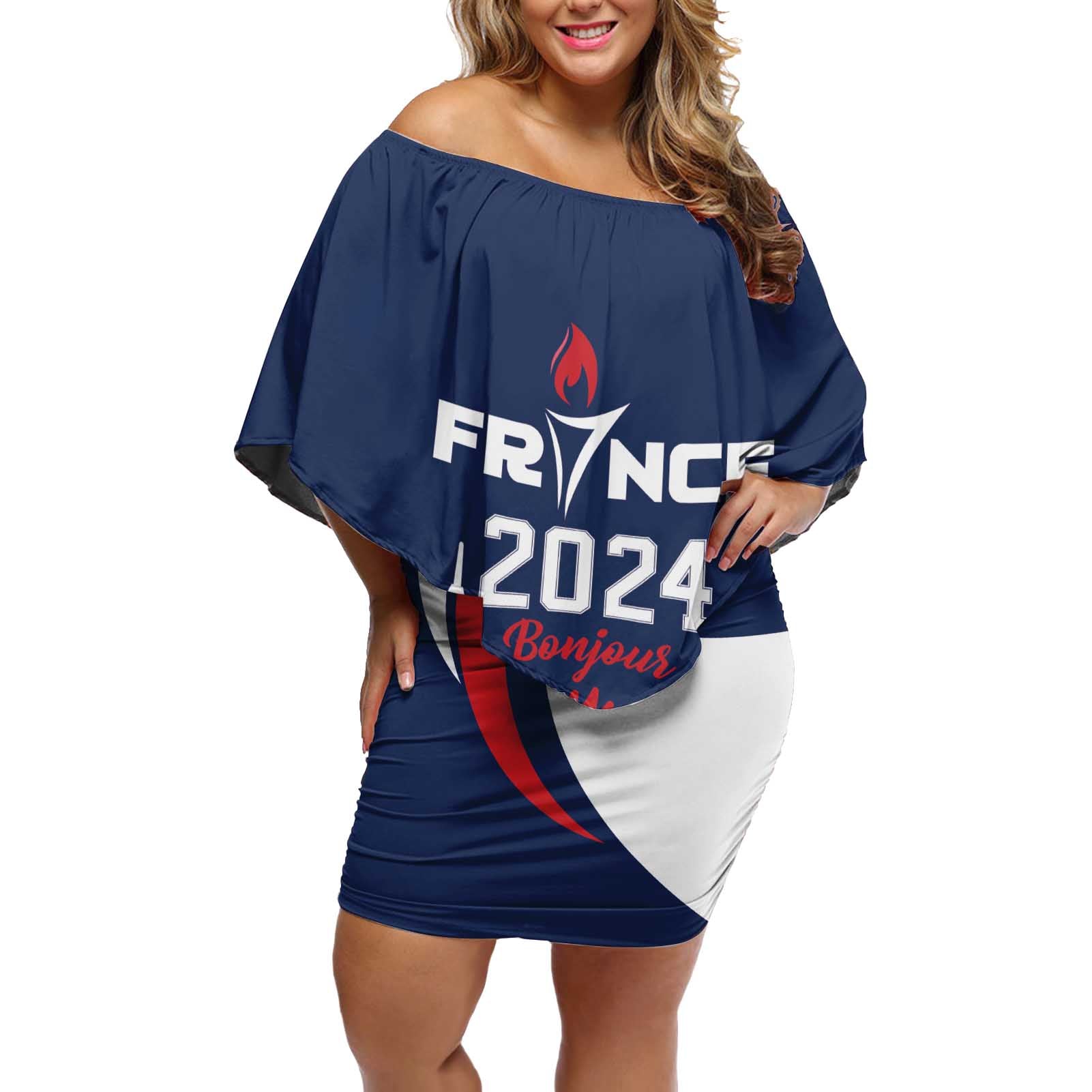 Personalized France 2024 Bonjour Off Shoulder Short Dress Eiffel Tower Gallic Rooster - Wonder Print Shop