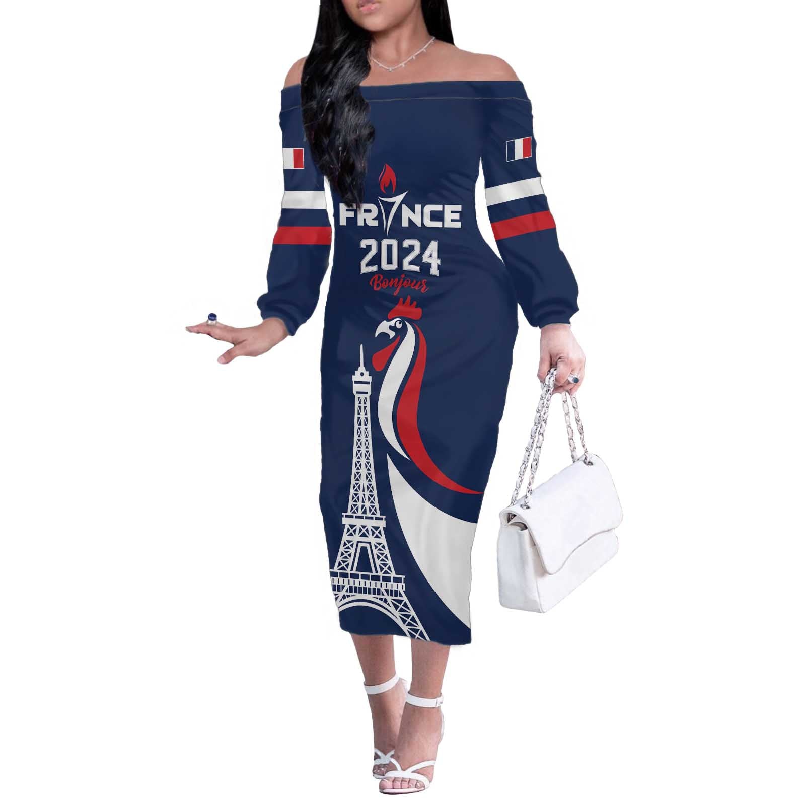 Personalized France 2024 Bonjour Off The Shoulder Long Sleeve Dress Eiffel Tower Gallic Rooster - Wonder Print Shop