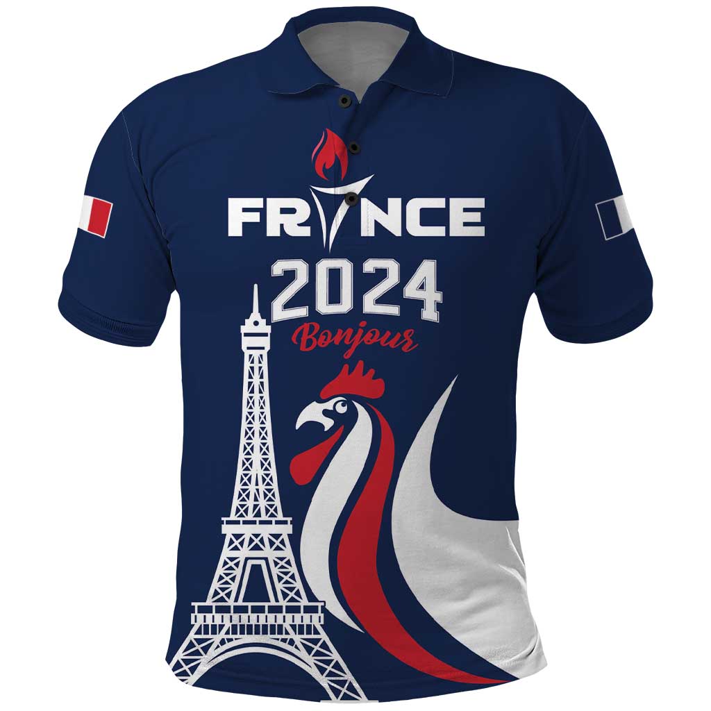 Personalized France 2024 Bonjour Polo Shirt Eiffel Tower Gallic Rooster - Wonder Print Shop