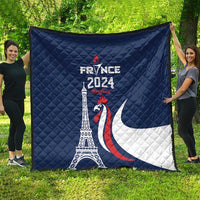 Blue France 2024 quilt blanket fully spread, Eiffel Tower and rooster with crescent moon