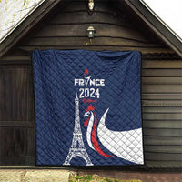 Blue France 2024 quilt blanket with Eiffel Tower and rooster graphic plus crescent moon