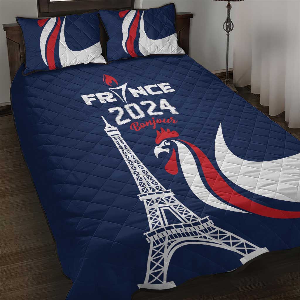 France 2024 Bonjour Quilt Bed Set Eiffel Tower Gallic Rooster - Wonder Print Shop