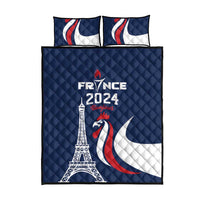 Blue quilt bed set with France 2024, Eiffel Tower and rooster design; two matching pillows