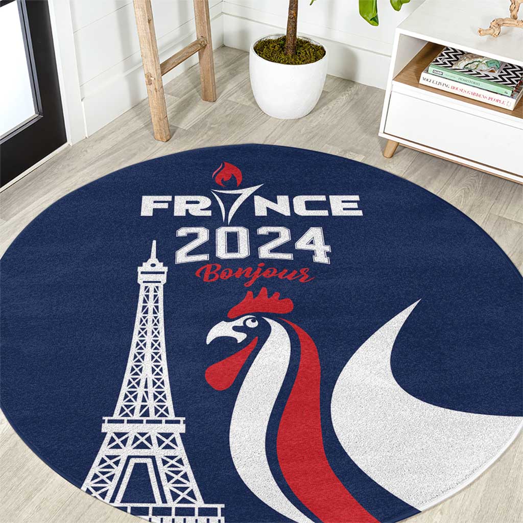 France 2024 Bonjour Round Carpet Eiffel Tower Gallic Rooster