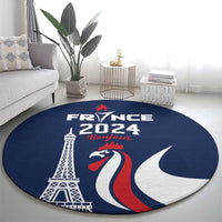 Round blue France 2024 Bonjour area rug featuring Eiffel Tower, rooster and large crescent graphic