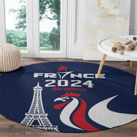 Round blue France 2024 Bonjour area rug with Eiffel Tower and rooster center plus crescent moon