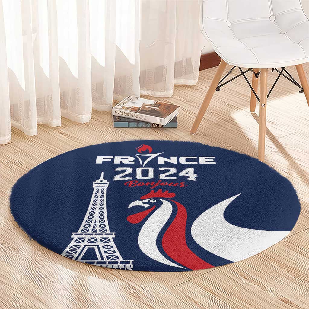 Round blue France 2024 Bonjour area rug with Eiffel Tower and rooster graphics on circular border