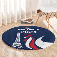 Round blue France 2024 Bonjour area rug with Eiffel Tower and rooster graphics on circular border