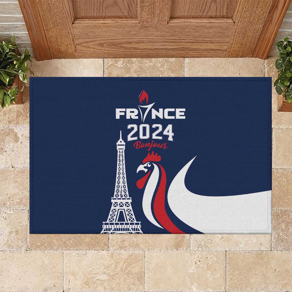 France 2024 Bonjour Rubber Doormat Eiffel Tower Gallic Rooster - Wonder Print Shop