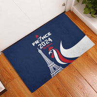 Blue rubber doormat with France 2024 and Eiffel Tower, rooster and wave design