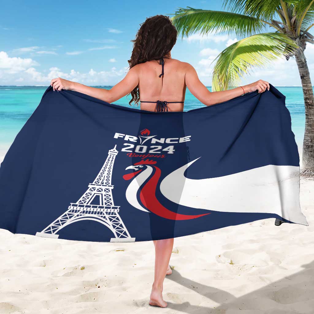 Navy blue sarong with FRANCE 2024 graphic, Eiffel Tower and rooster on wrap