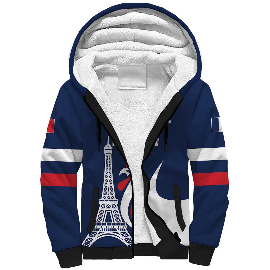 Personalized France 2024 Bonjour Sherpa Hoodie Eiffel Tower Gallic Rooster - Wonder Print Shop