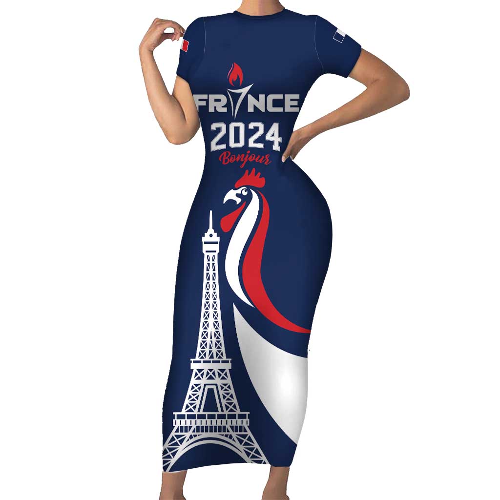 Personalized France 2024 Bonjour Short Sleeve Bodycon Dress Eiffel Tower Gallic Rooster - Wonder Print Shop