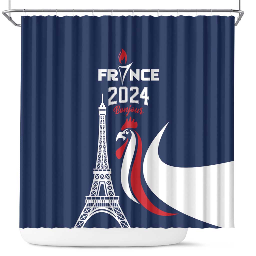 France 2024 Bonjour Shower Curtain Eiffel Tower Gallic Rooster